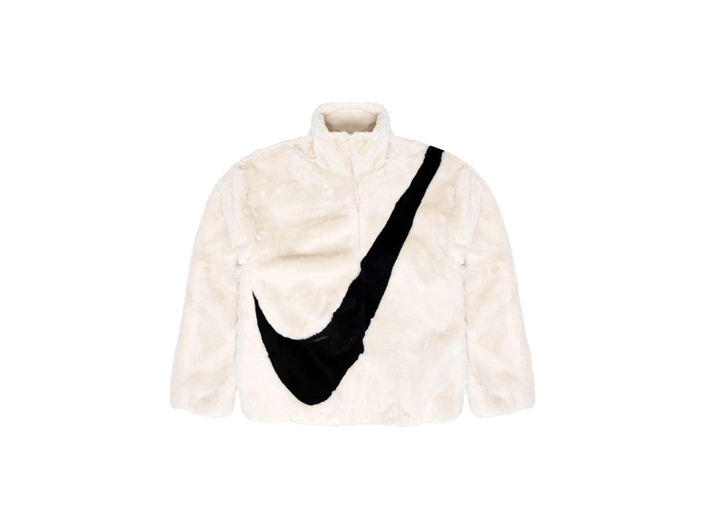 Nike Sportswear Women's Oversized Swoosh Logo Faux Fur Jacket Fossil/Black