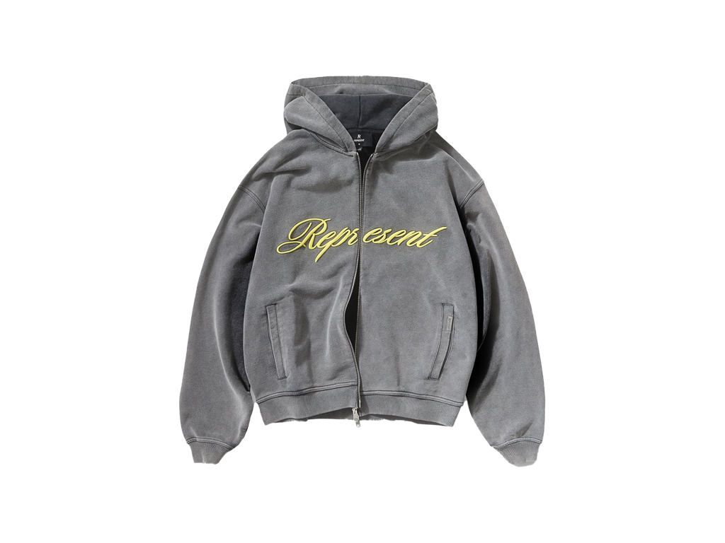 Represent Script Logo Zip Hoodie Vintage Grey-Represent-pikastore.cz