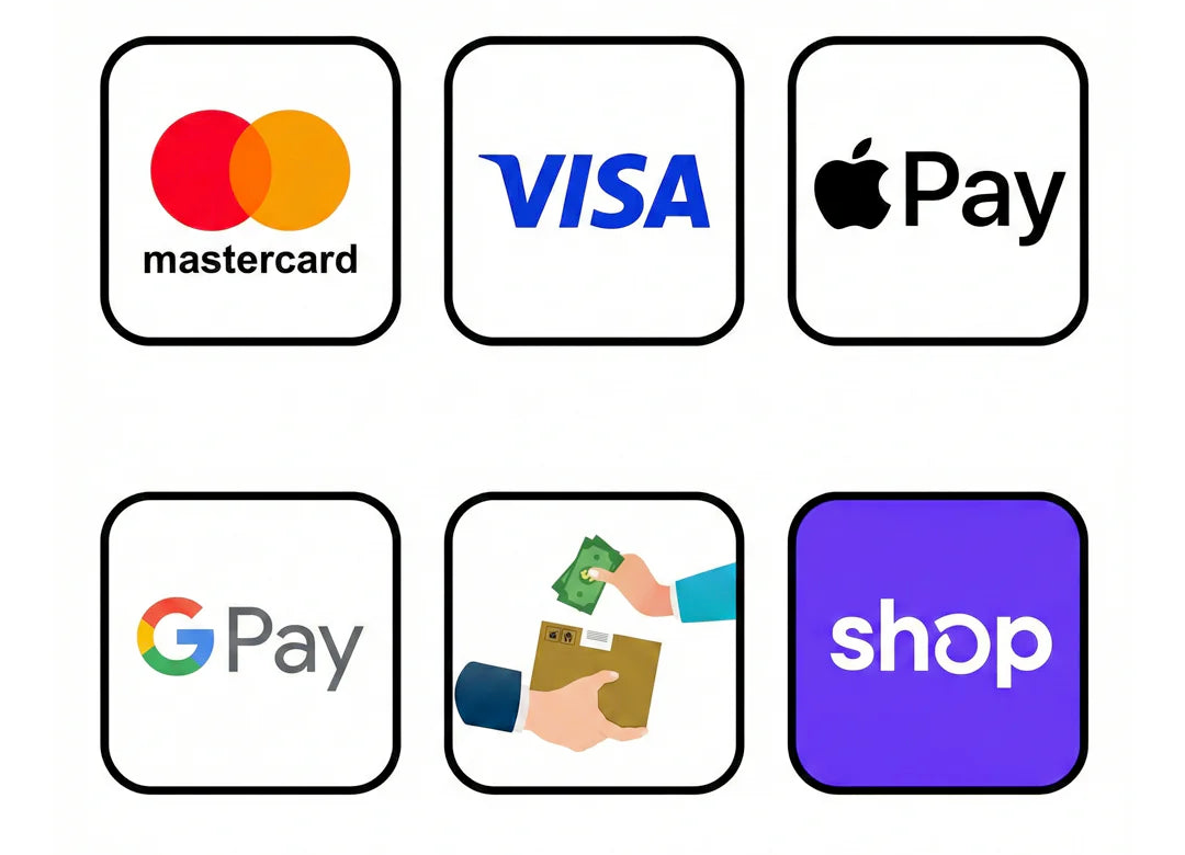 Mastercard, Visa, Apple Pay, Google Pay, paiement à la livraison, Shop Pay